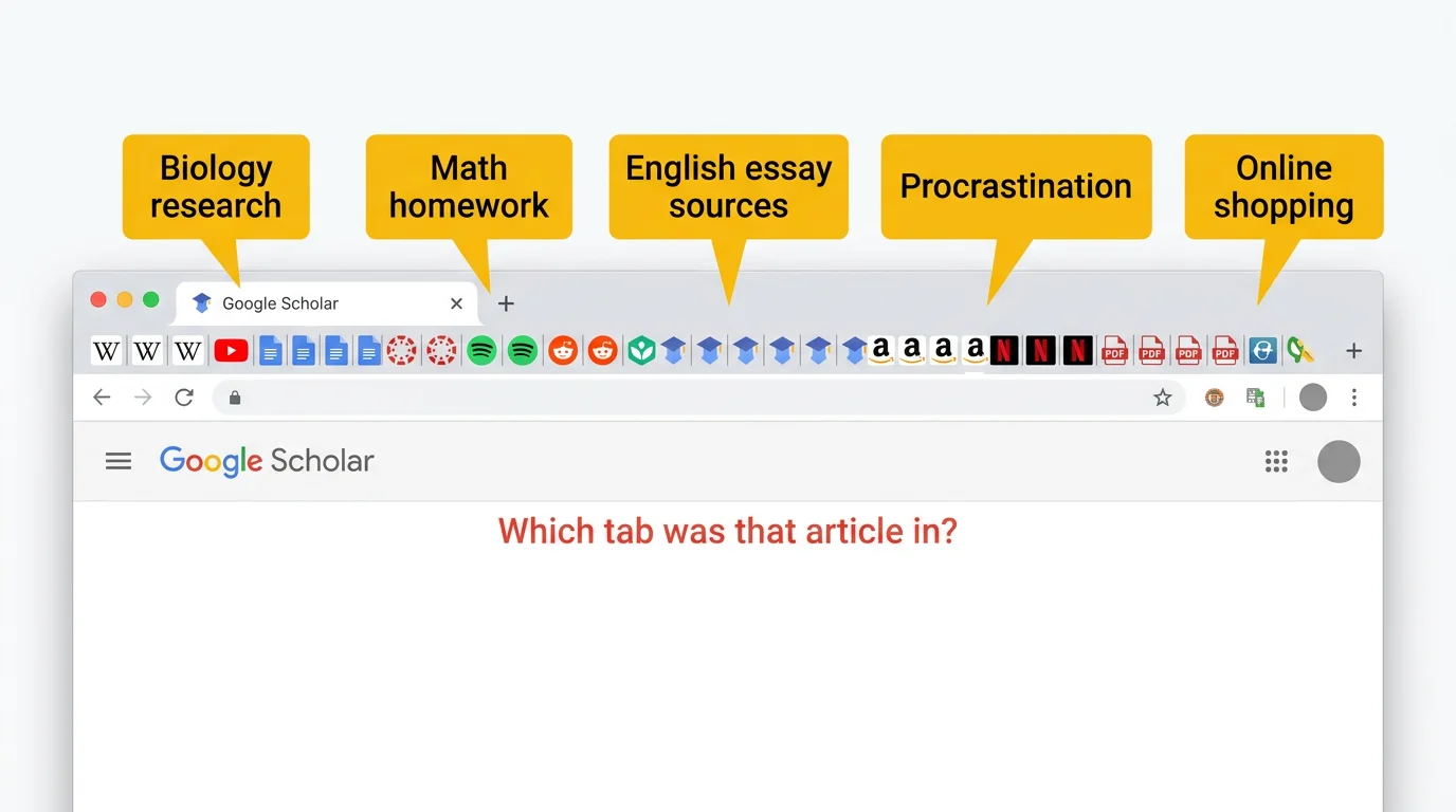 A Chrome tab bar overflowing with tiny favicon-only tabs across multiple unrelated subjects