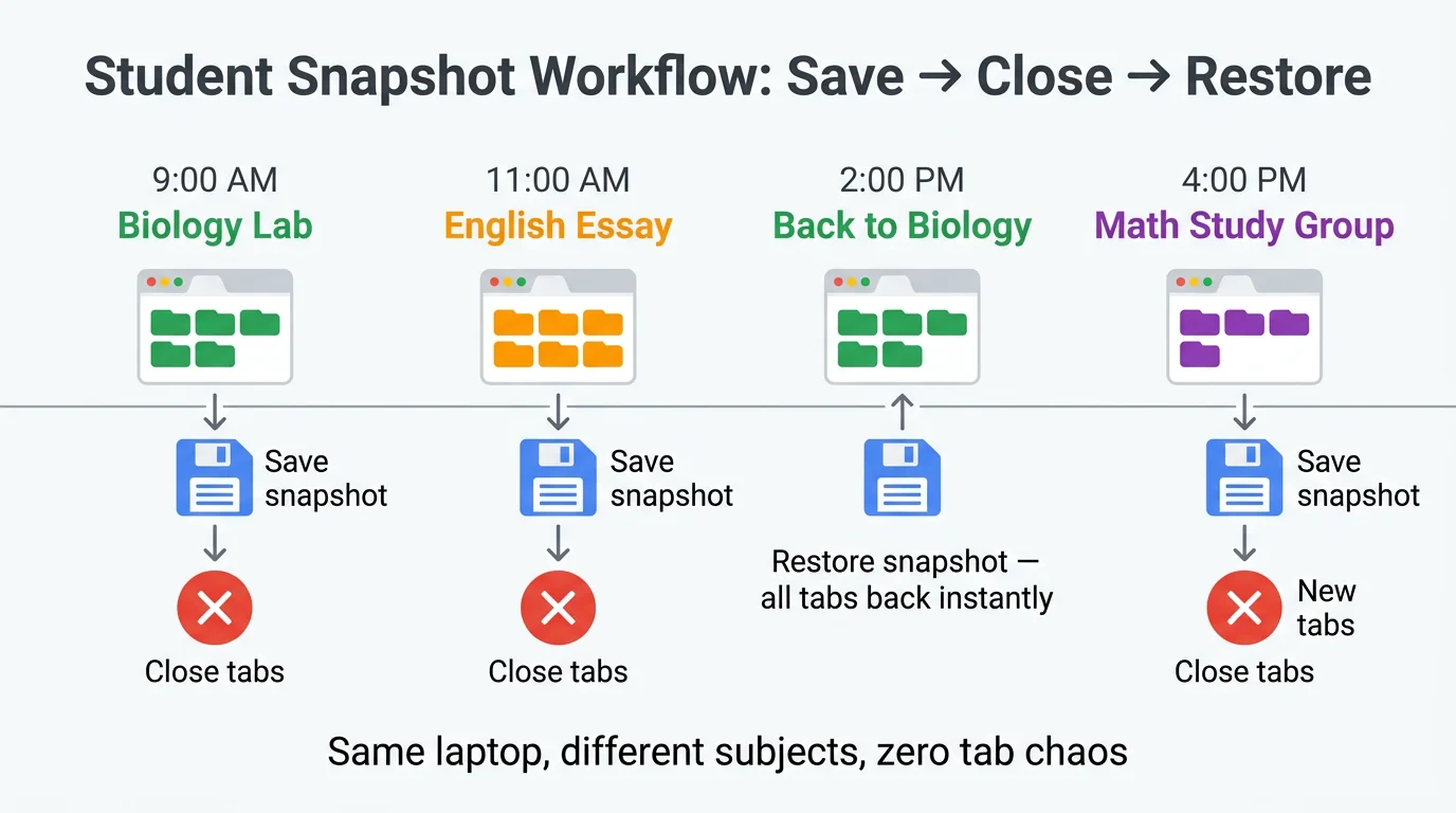 Visual flowchart showing save-close-restore cycle across different study sessions throughout a day