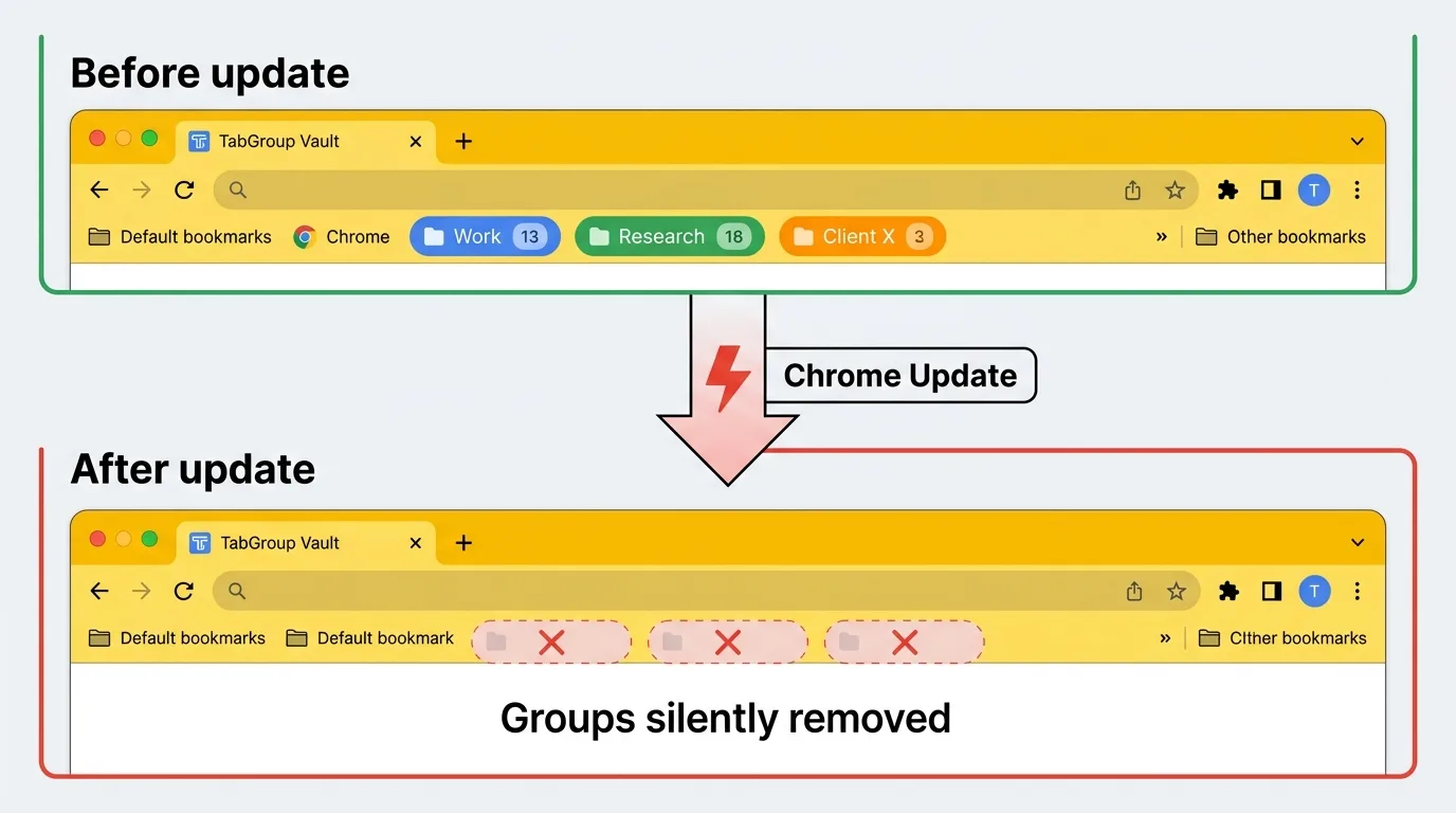 Before and after comparison showing saved tab groups disappearing