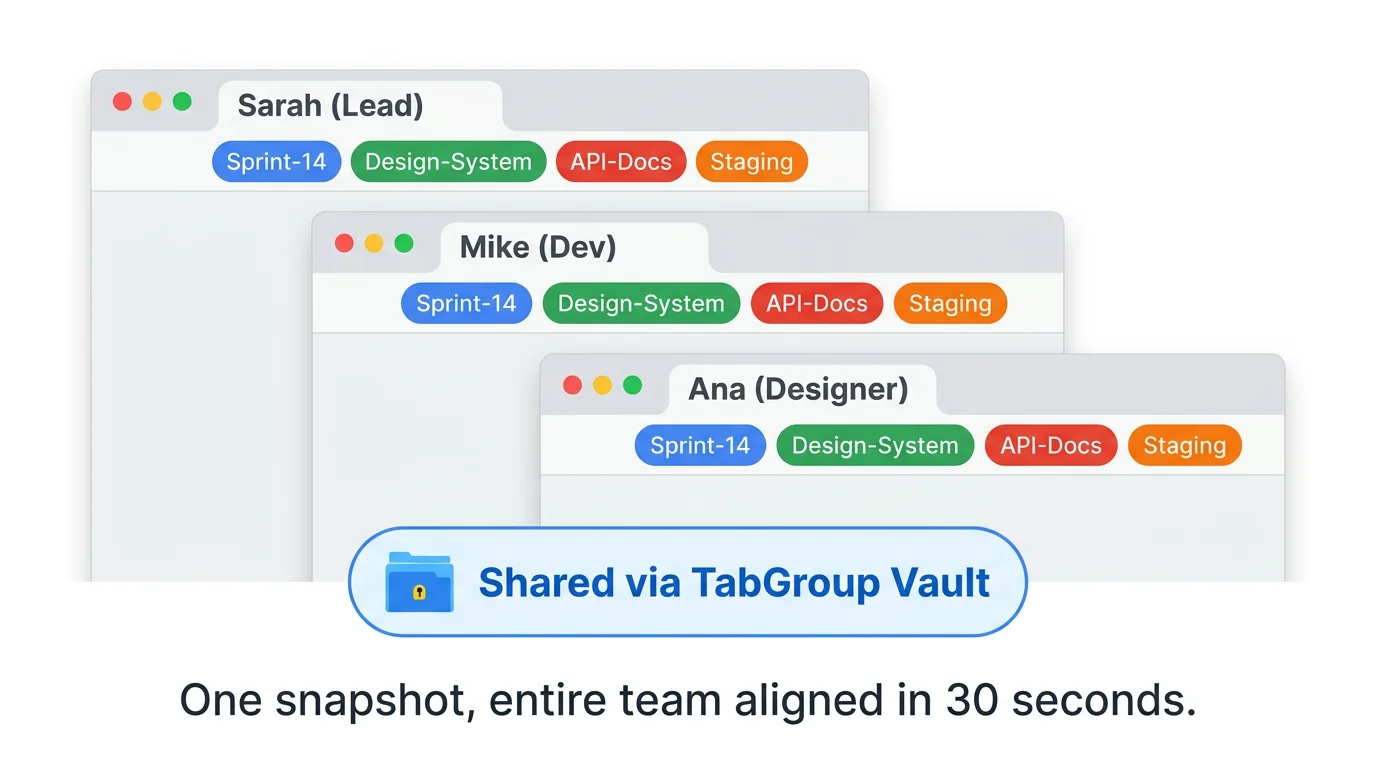 Team tab group sharing workflow: export, share, import via JSON