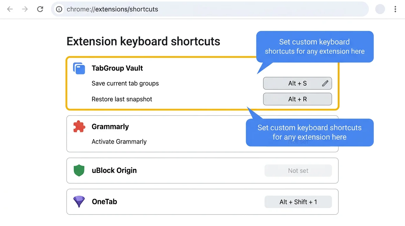 Screenshot of chrome://extensions/shortcuts showing several extensions listed with their configurable shortcuts. One entry shows TabGroup Vault with a shortcut being assigned via a text input field.