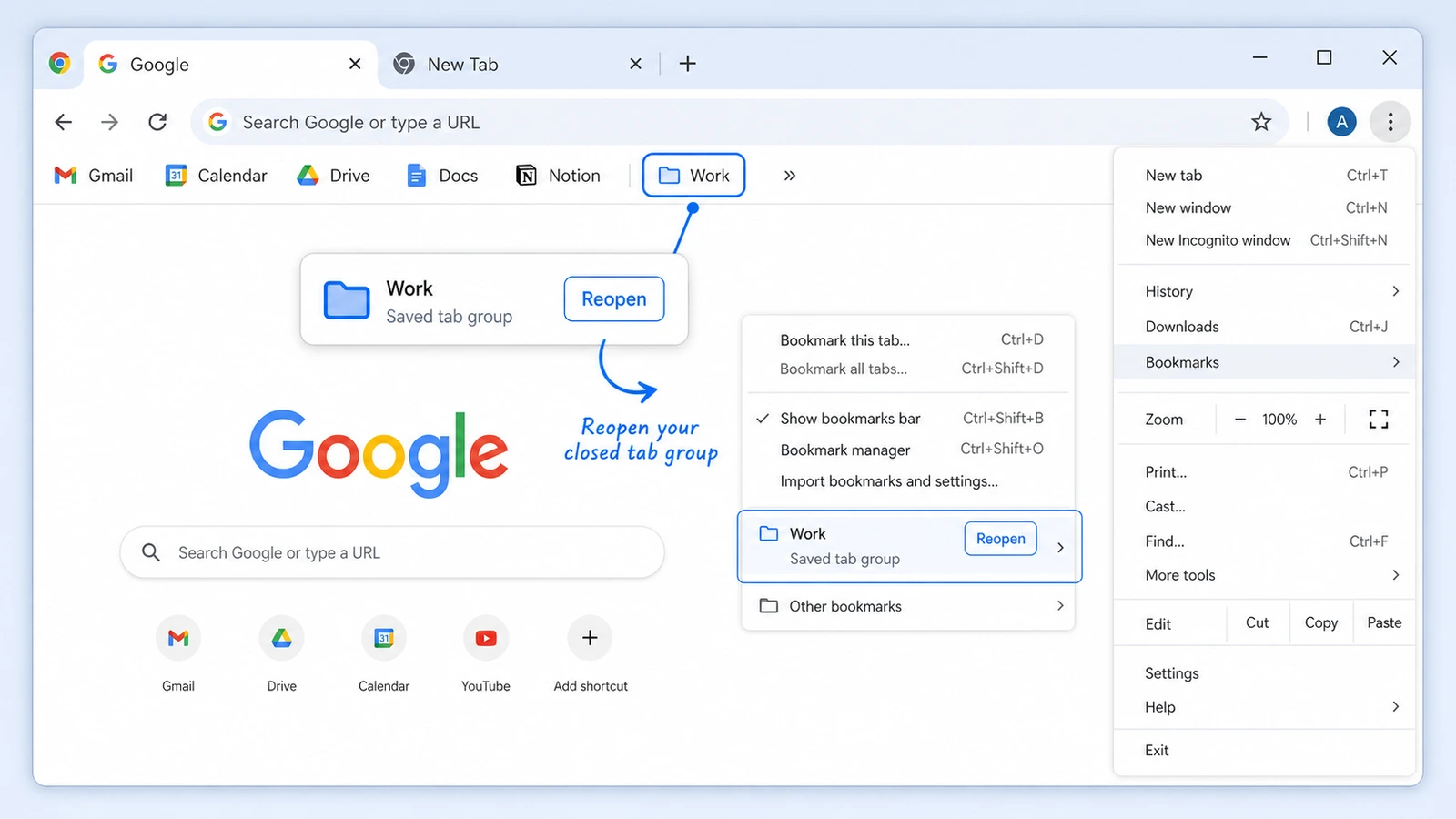 Screenshot of Chrome's right-click tab context menu with Add tab to a new group highlighted. The menu appears over a tab bar with several open tabs.