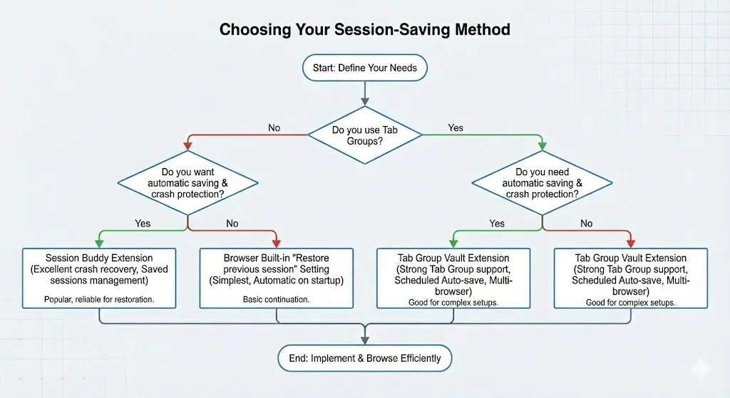 Decision flowchart: When to use tab groups vs bookmarks