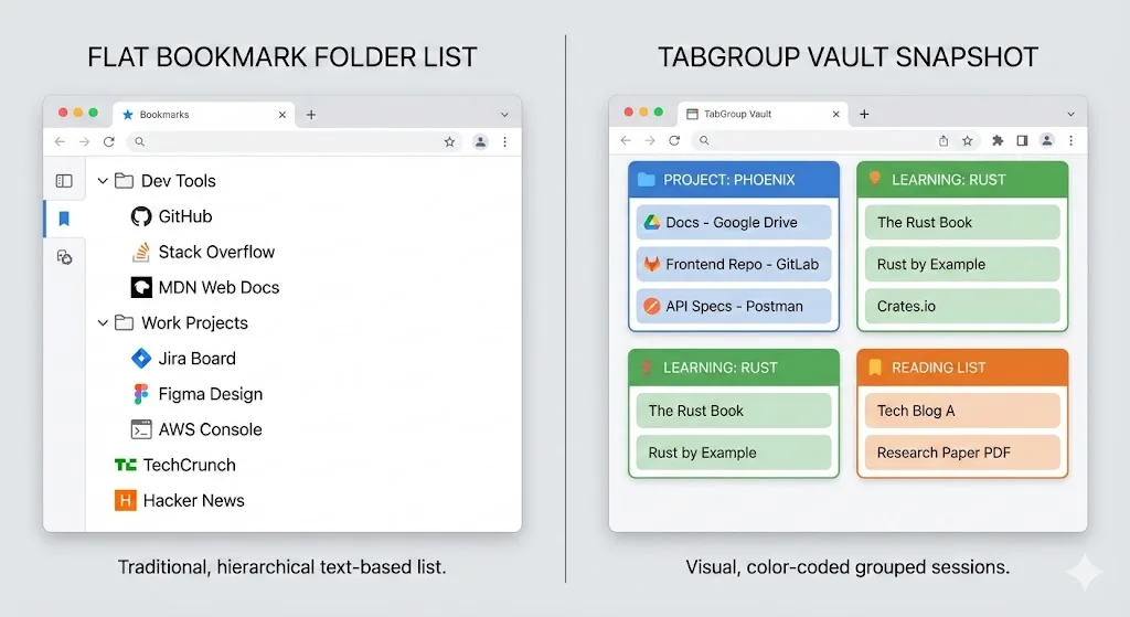 Visual comparison: Active research tab groups vs Reference storage bookmarks