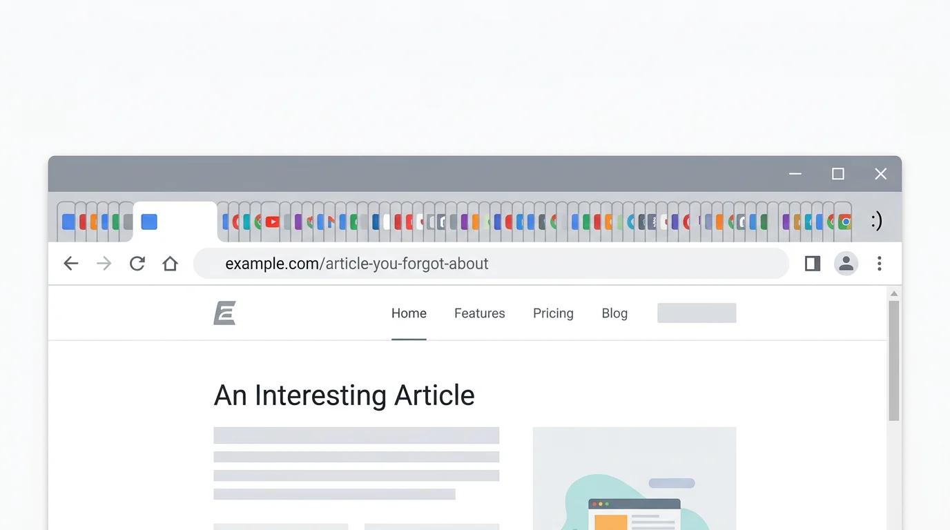 Chrome screenshot showing 100+ tabs as tiny icons with no visible titles, illustrating the tab hoarding phenomenon