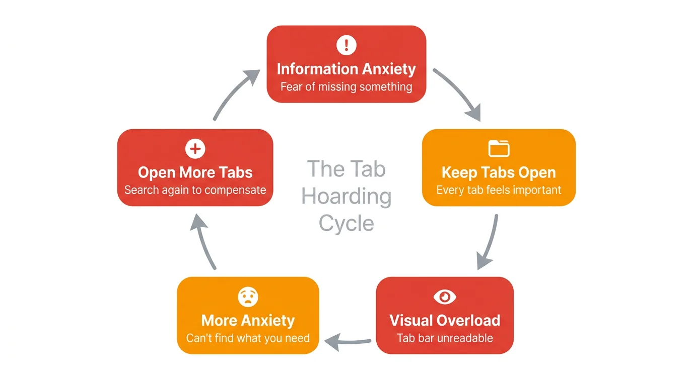 Infographic showing the cycle: Information anxiety -> Keep tabs open -> Visual overload -> More anxiety -> Keep more tabs open