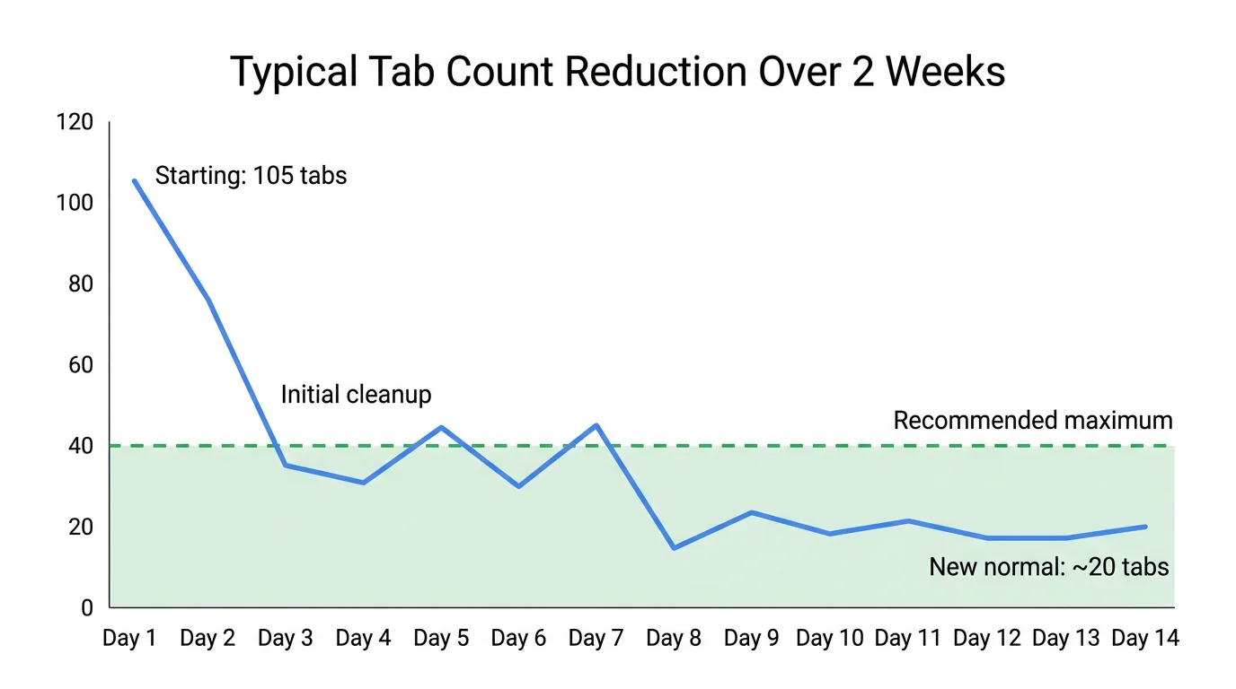 Line graph showing a typical tab count reduction over 2 weeks: starting at 100+, dropping to 30-40 after cleanup, and stabilizing