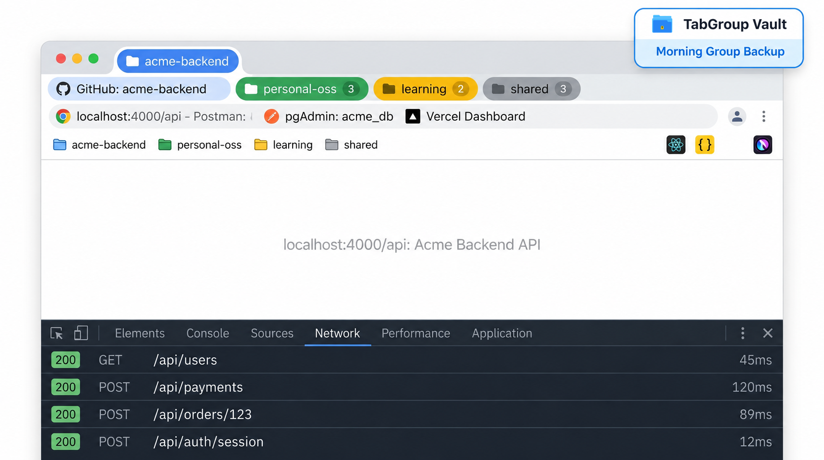 Developer workspace with project Tab Groups and Group backups