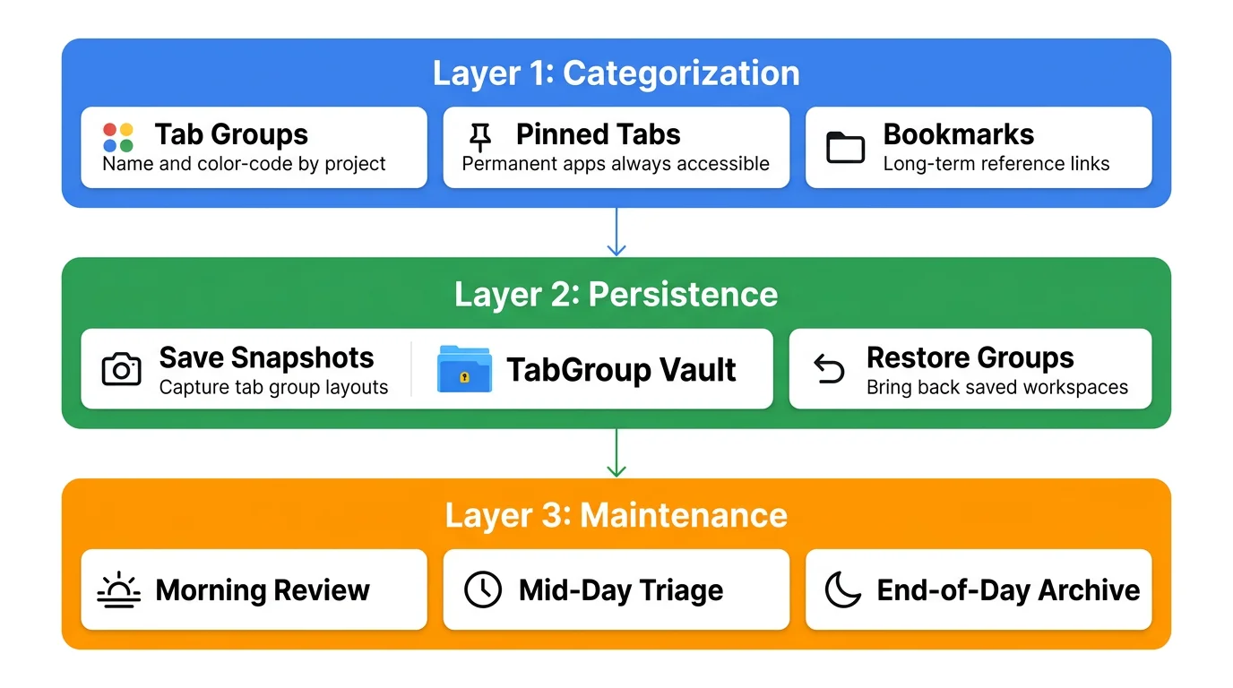 Diagram showing the three layers: Categorization (tab groups), Persistence (save/restore), Maintenance (daily habits)