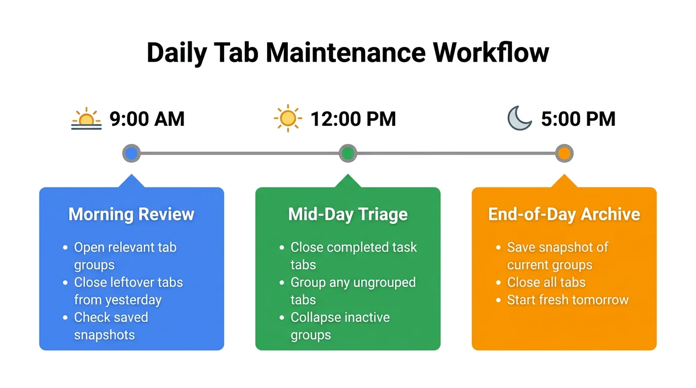 Timeline showing the morning review, mid-day triage, and end-of-day archive steps