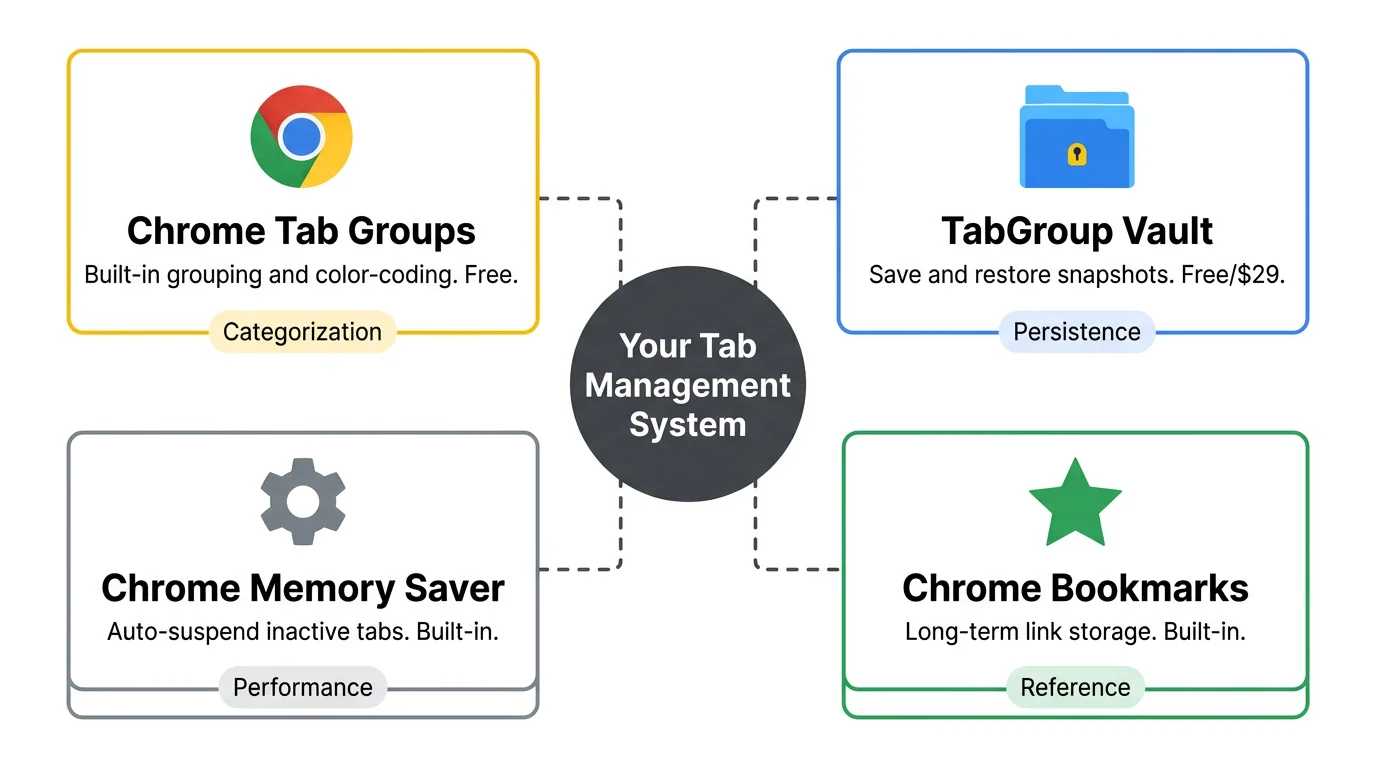 Visual diagram showing the recommended combination of Chrome features and extensions for a complete tab management system