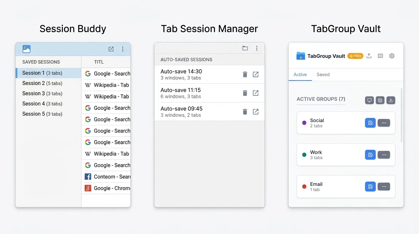 Hero illustration showing three side-by-side extension mockups: Session Buddy on the left with a flat tab list, Tab Session Manager in the middle with timestamps, and TabGroup Vault on the right with structured color-coded group cards.