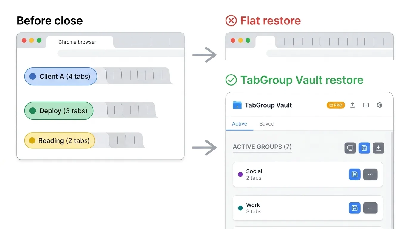 Before-and-after comparison. A Chrome window starts with three color-coded tab groups for Client A, Deploy, and Reading. A flat session manager turns them into a plain tab list. The final restored workspace compares flattened loose tabs against a tab-group-aware restore that brings all three groups back intact.
