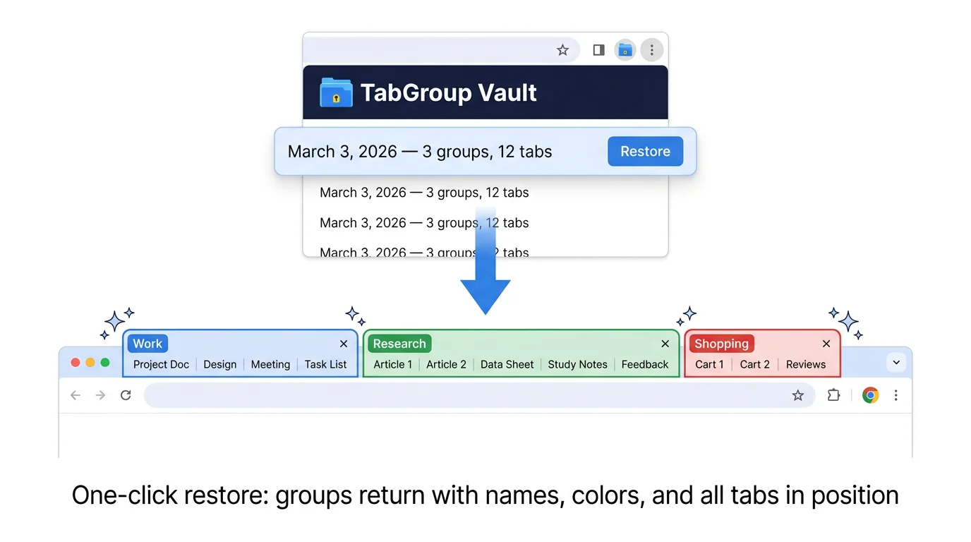 Screenshot showing TabGroup Vault restoring named, color-coded tab groups from a snapshot