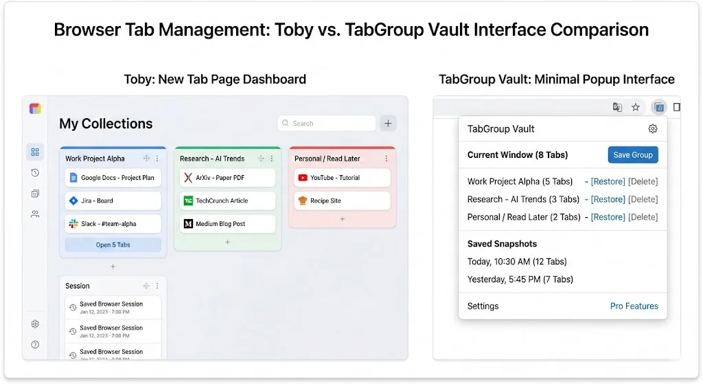 Toby's new tab page dashboard vs Chrome tab groups