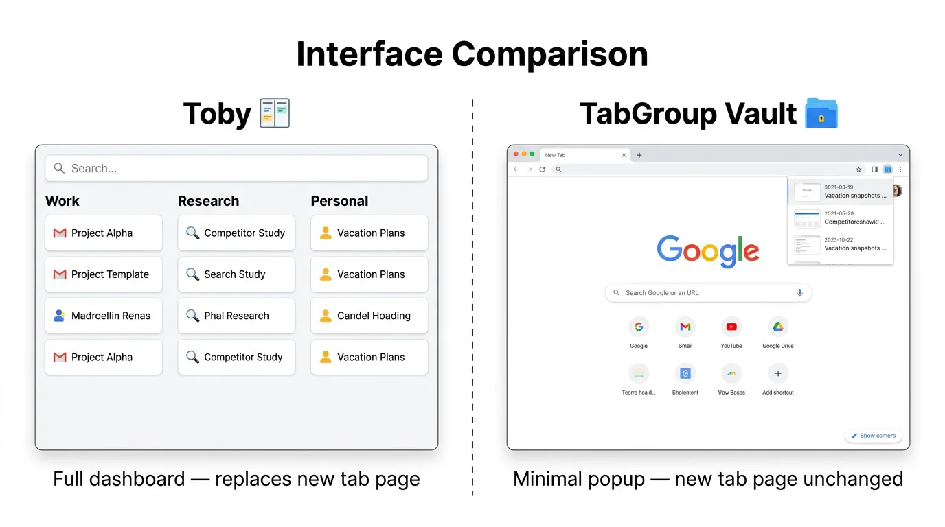 Side-by-side showing Toby's new tab page dashboard versus TabGroup Vault's minimal popup interface