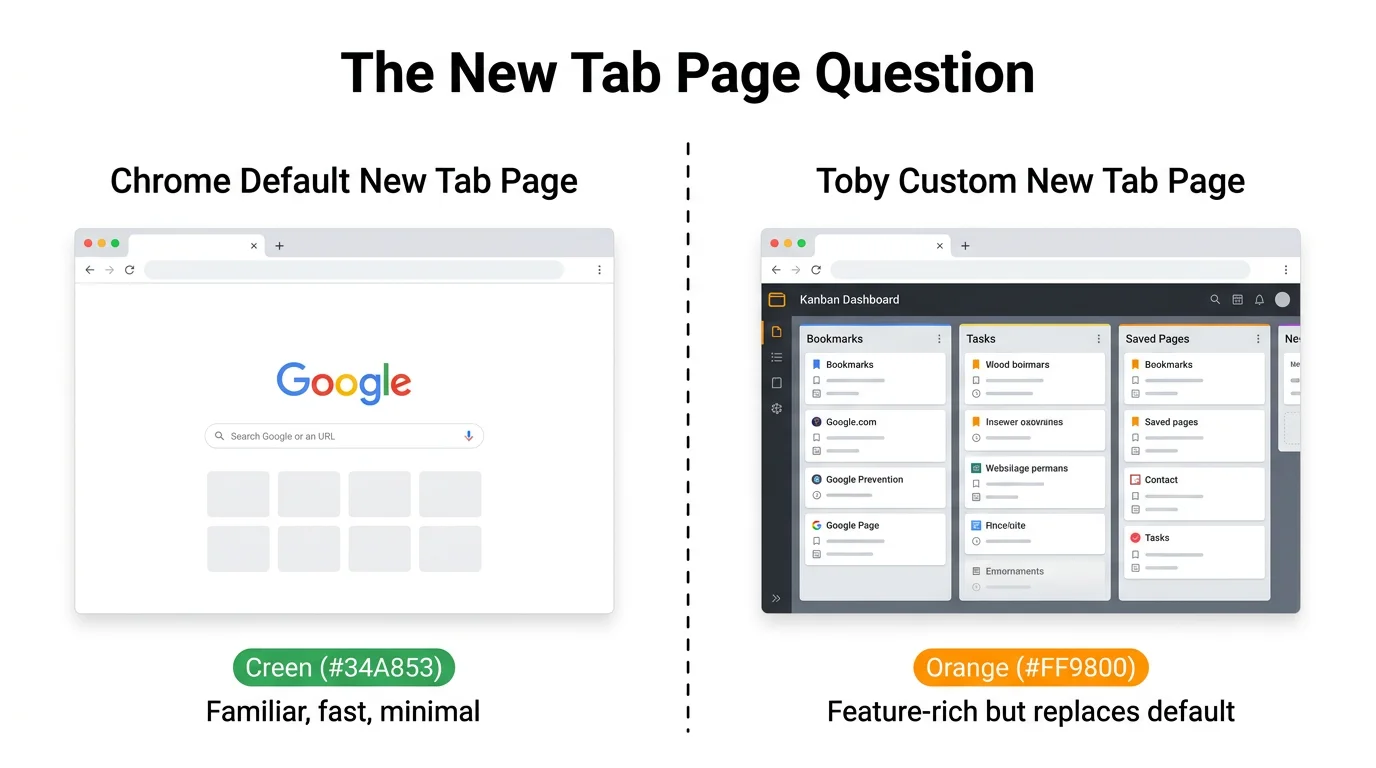 Chrome's default new tab page versus Toby's custom dashboard, showing the trade-off