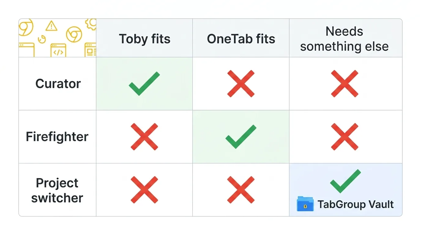 A 2x3 matrix. Rows: Curator, Firefighter, and Project switcher. Columns: Toby fits, OneTab fits, and Something else fits. The Project switcher row points away from both and toward tab-group-aware tools.