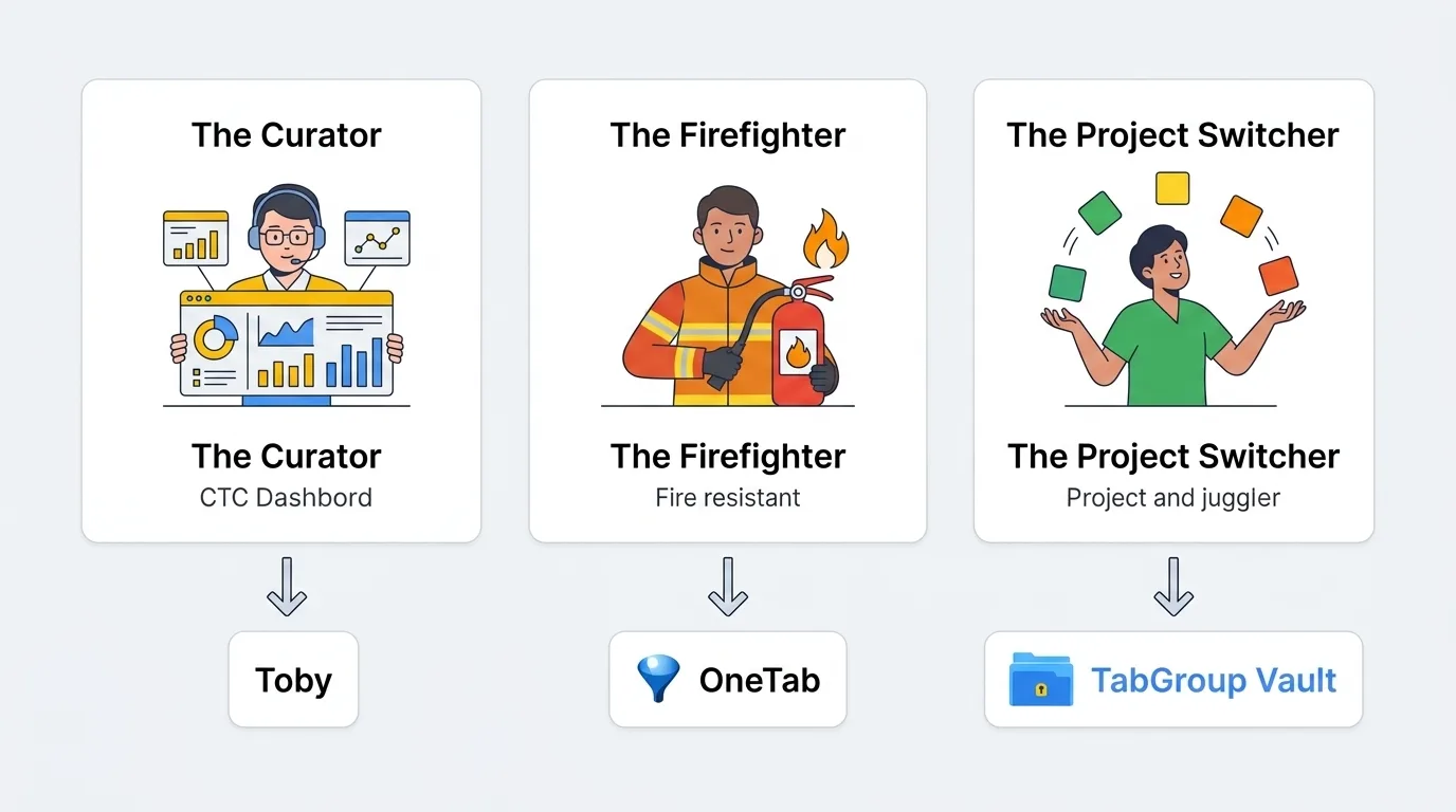 Three labeled avatars. Curator points at Toby. Firefighter points at OneTab. Project switcher points at tab-group-aware tools. A one-line summary sits under each.