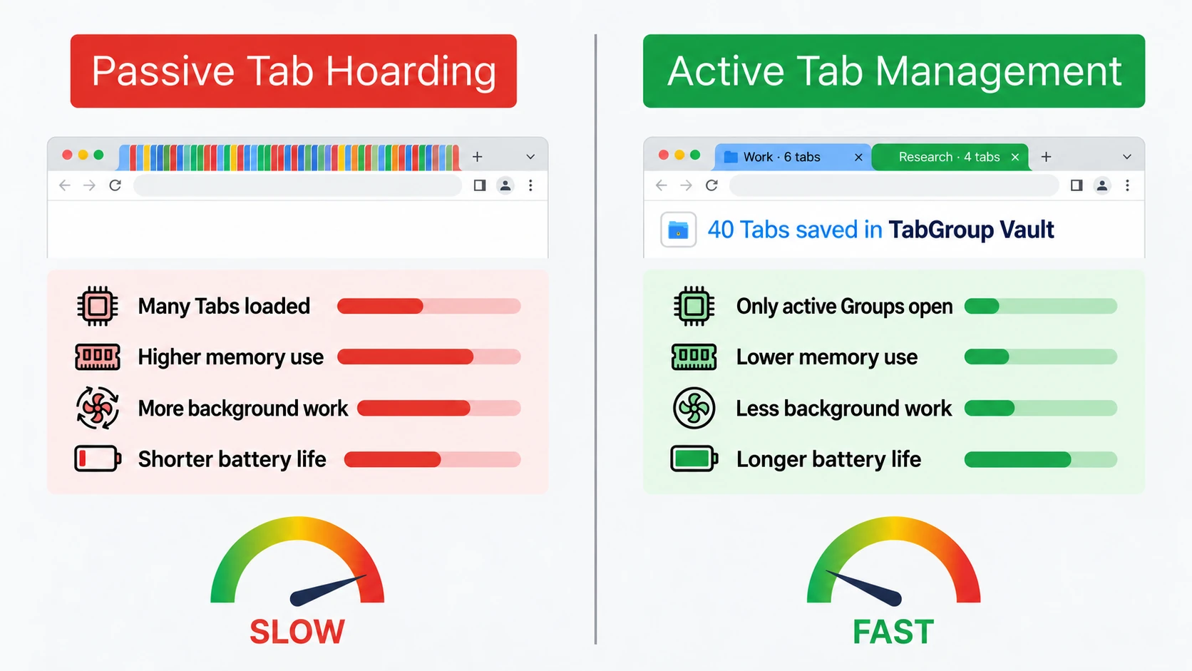 Comparison of an overloaded computer with many active Tabs and an organized workflow with fewer active Tabs and saved Group backups.