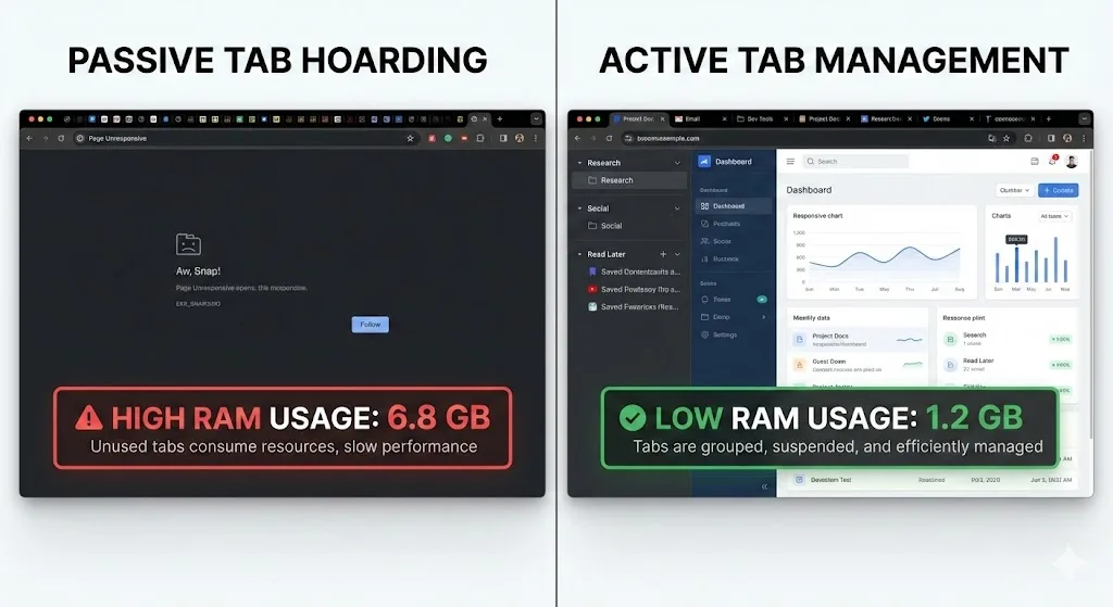 Fast computer: Same workload with organized suspended tabs