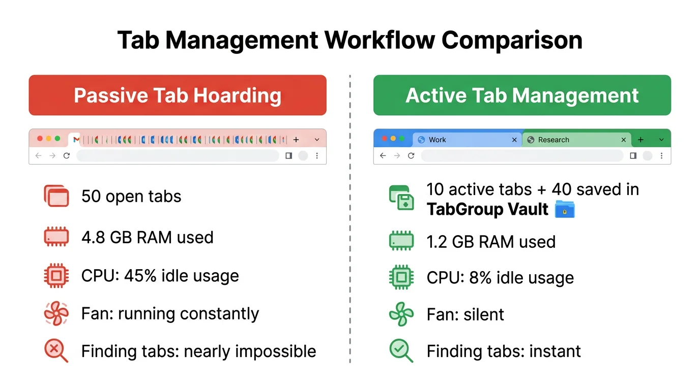 Side-by-side comparison of passive tab hoarding (50 tabs, high RAM) vs. active tab management (10 active + saved groups, low RAM)