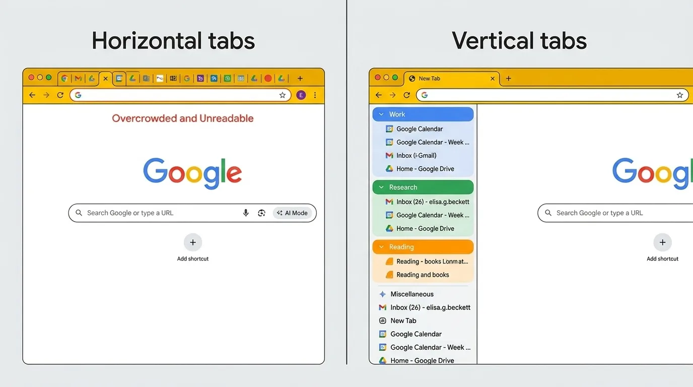 Hero split-screen. Left: a traditional Chrome horizontal tab bar with tabs compressed into thin slivers. Right: the same tabs in a vertical sidebar on the left, each with a favicon and full title readable.